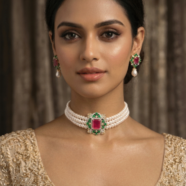 Pearls Choker With Ruby  & emerald Color Stones Pendant Set