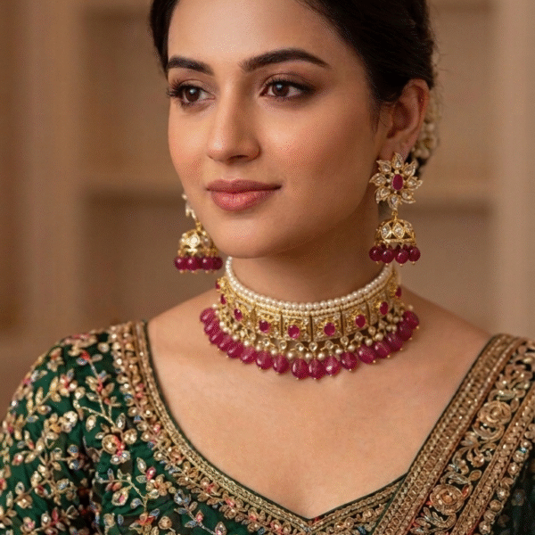 Real Pearls With Ruby Color Stone Jadavi Lacha