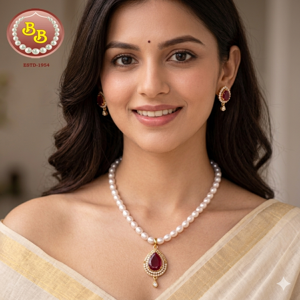 Maroon Stone Adorable Pendant And Simple Pearls Mala 1 Gemini Generated Image nbcpnbcpnbc