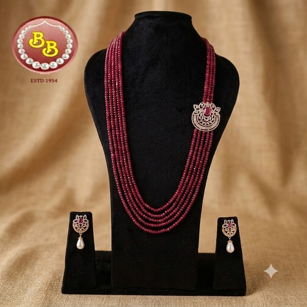 C Z Side Pendant Set With Ruby Color Beads 1 C Z Side Pendant Set With Ruby Color Beads
