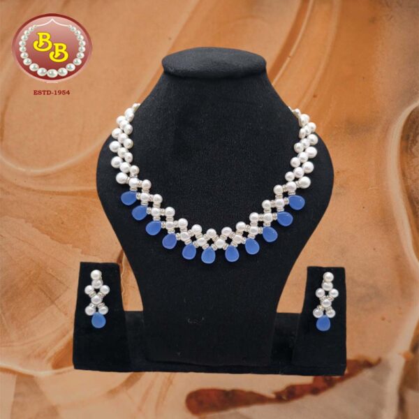 Elegant Designer Real Pearls Set With Blue Drop Stones