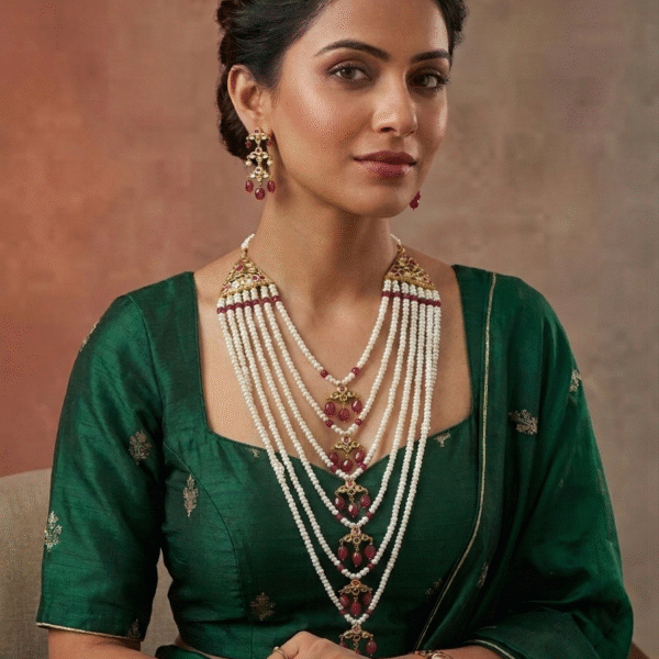 Natural Pearls Satlada With Ruby Color Beads