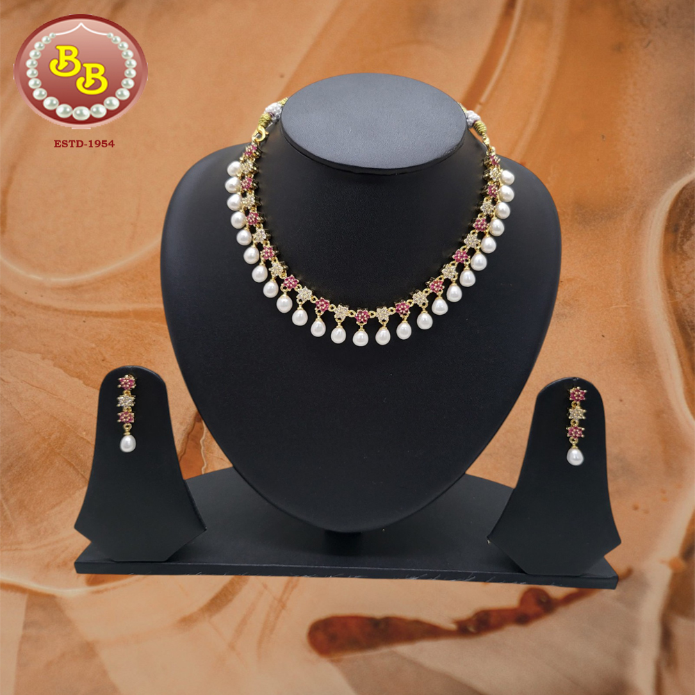 Elegant Pearl Necklace with Ruby & Cubic Zircon stone 3 SBP PS154 1