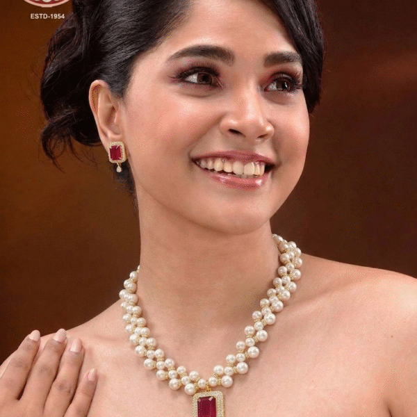 3 Layer of Pearls Necklace With Ruby Color Stone Pendant Set