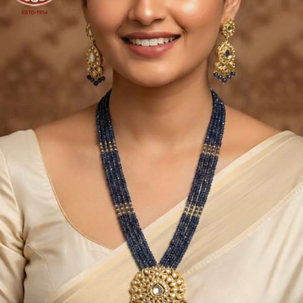 Adorable Polki Pendant Set With Blue Sapphire Color Beads
