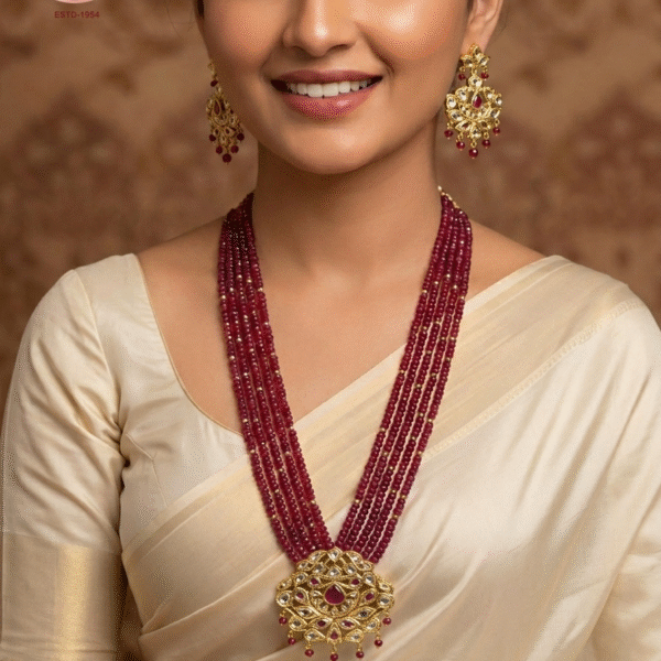 5 lines Ruby Color Beads With Elegant Pendant Set