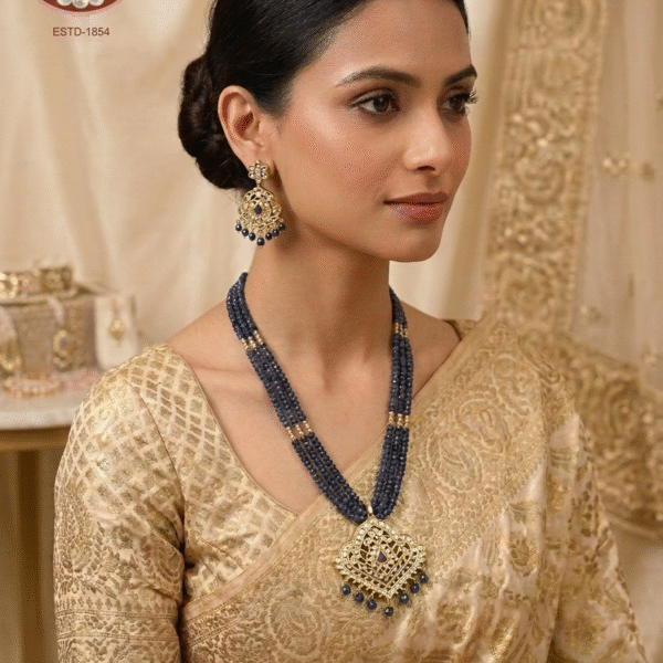 3 Lines Beads With Simple Polki Pendant Set