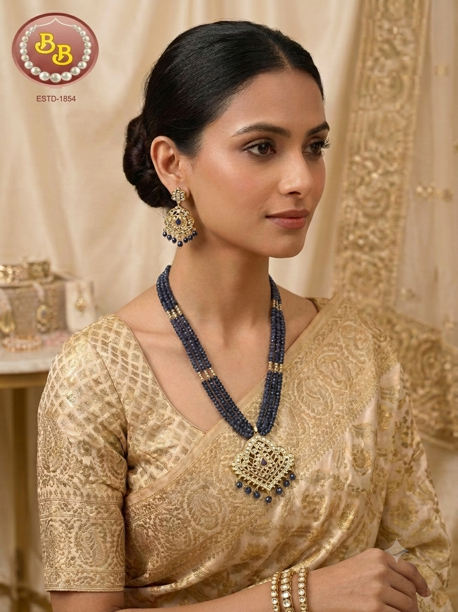 3 Lines Beads With Simple Polki Pendant Set 1 3 Lines Beads With Simple Polki Pendant Set