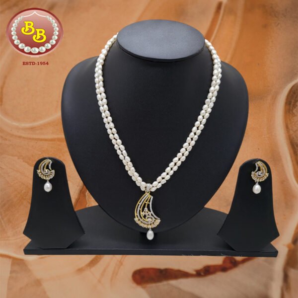 Simple Pearls Mala With CZ Stone Pendant Set