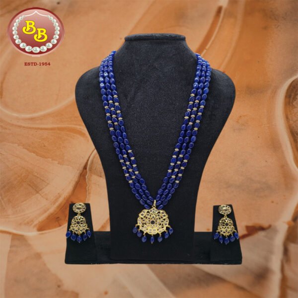 Polki Pendant Set With 3 Lines Neelam Color Beads And Stone Rings