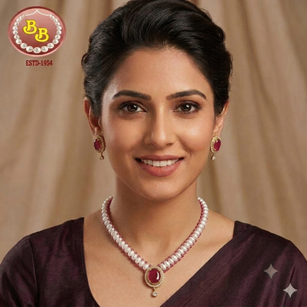 Beads & Pearls Designer Necklace With Ruby Color Locket Set