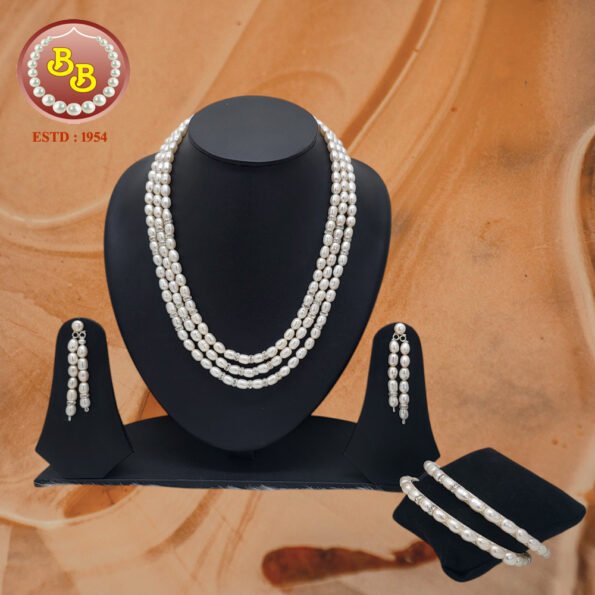 3-Line Pearls Set with Bangle – Elegant freshwater pearl necklace and matching bangle set.