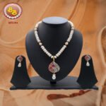 Ruby Color Stone Pendant Real Peals Necklace