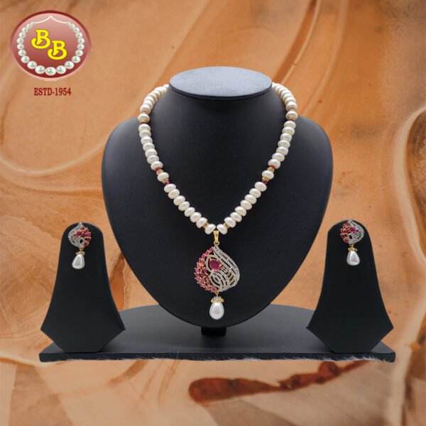 Ruby Color Stone Pendant Real Peals Necklace