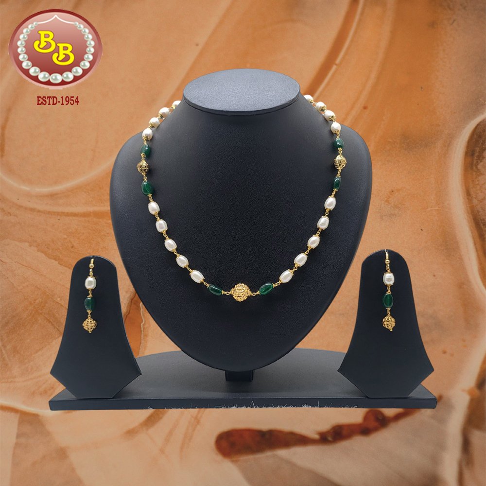 Pearls Taar Mala With Green Stones 1 SBP PS