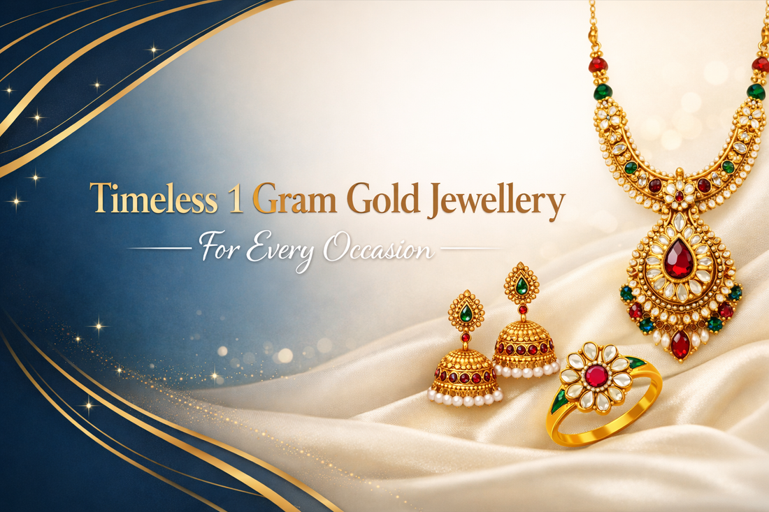 Timeless 1 Gram Gold Jewellery For Every Occasion 1 1 gram gold jewellery collection, lightweight gold jewellery India, affordable gold jewellery designs, traditional gold necklace set, daily wear gold jewellery online