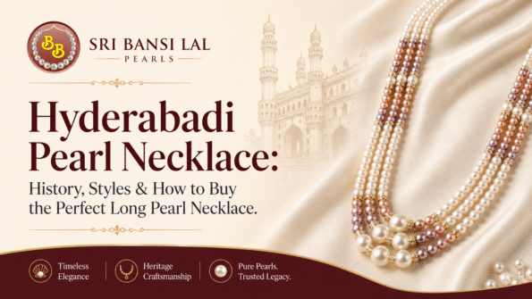 Hyderabadi Pearl Necklace long necklace design with real freshwater pearls, traditional pearl mala, luxury pearl jewellery Hyderabad, bridal pearl necklace India, original Hyderabad pearls necklace