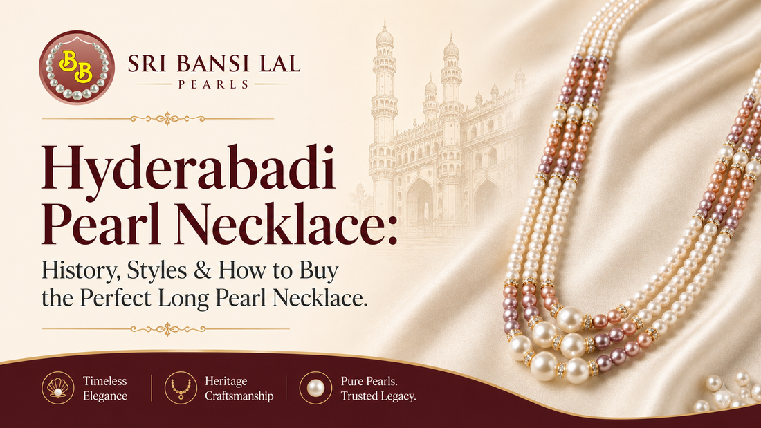 Hyderabadi Pearl Necklace long necklace design with real freshwater pearls, traditional pearl mala, luxury pearl jewellery Hyderabad, bridal pearl necklace India, original Hyderabad pearls necklace