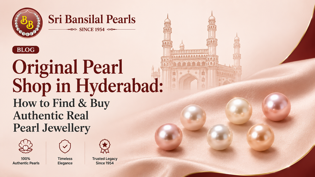 Real pearl jewellery Hyderabad, original pearl necklace online, certified natural pearls India, authentic pearl earrings, luxury pearl set Hyderabad, freshwater pearl jewellery store