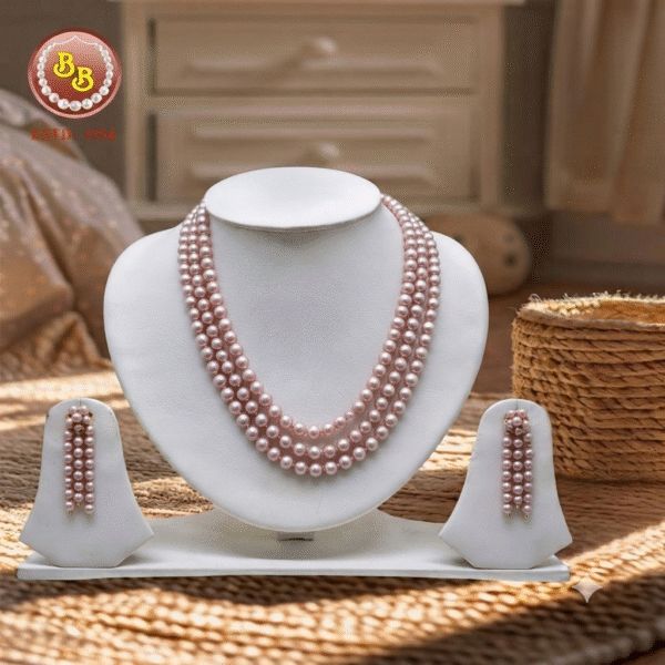 3line Natural dark pink colour pearls set